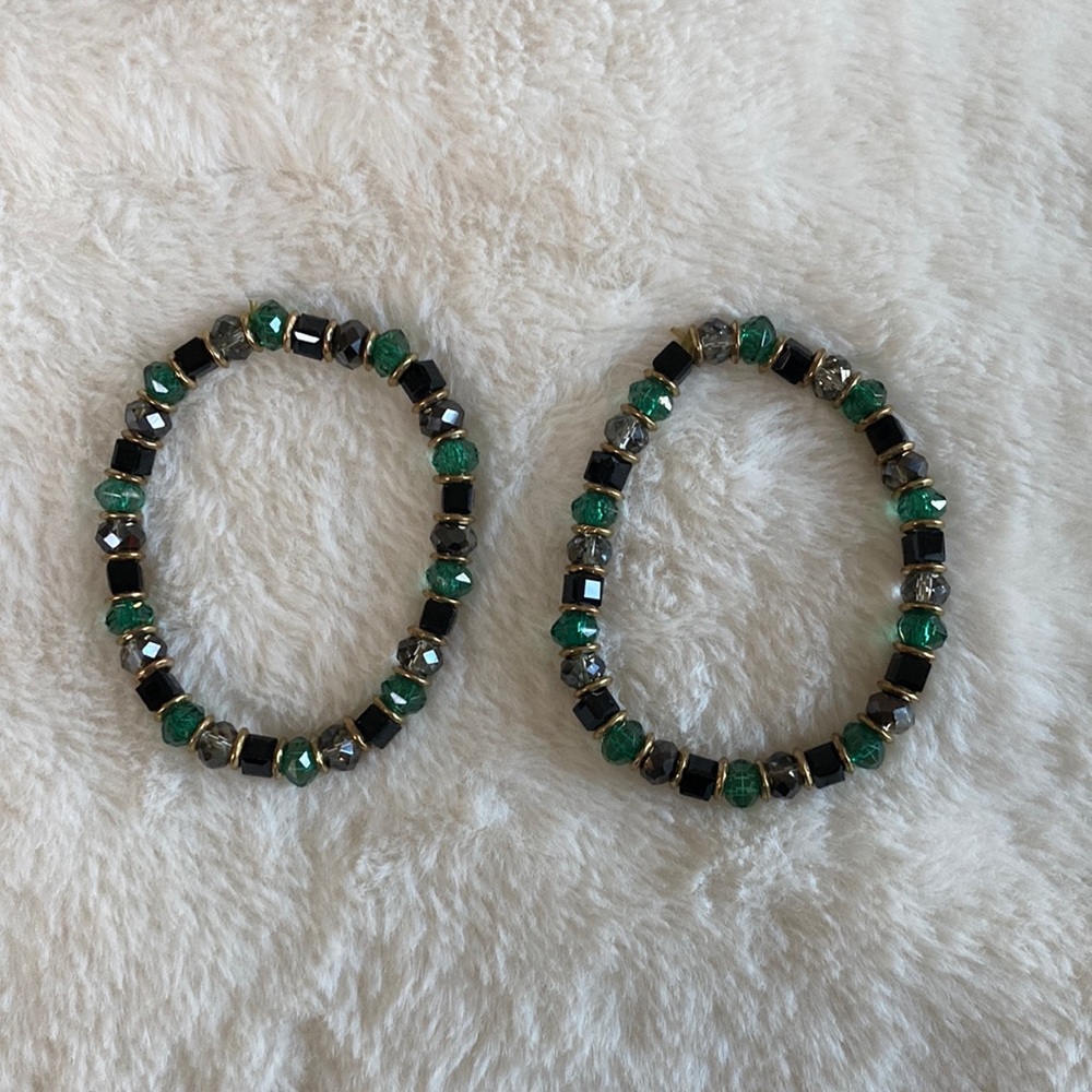 Beaded Stretch Bracelets with Emerald Green, Black, and Grey Stones